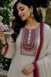 Elegant White and Pink Embroidered Suit Set